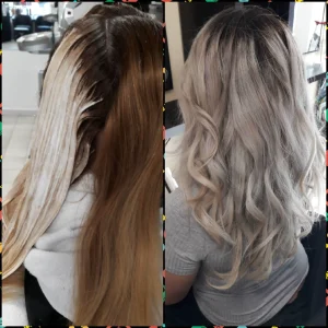 D'un côté le "avant" coiffure. Les cheveux sont raides et bruns. De l'autre côté, le "après" coiffure, les cheveux sont brillants, ondulés et les longueurs sont blond polaire