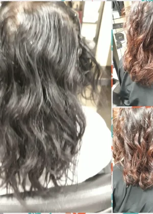 D'un côté le "avant" coiffure. Les cheveux sont secs, abîmés et indisciplinés. De l'autre côté, le "après" coiffure, les cheveux sont brillants, coupés légèrement plus courts et ils sont légèrement plus clairs.