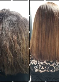 D'un côté le "avant" coiffure. Les cheveux sont secs, abîmés, ternes et indisciplinés. De l'autre côté, le "après" coiffure, les cheveux sont brillants, disciplinés et ont l'air mieux entretenus.