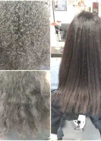 D'un côté le "avant" coiffure. Les cheveux sont bouclés, secs, abîmés et indisciplinés. De l'autre côté, le "après" coiffure, les cheveux sont brillants, plus longs et lisses. C'est la résultat du lissage japonais.