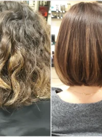 D'un côté le "avant" coiffure. Les cheveux sont secs, abîmés et indisciplinés. De l'autre côté, le "après" coiffure, les cheveux sont brillants, coupés légèrement plus courts et ils ont été teints dans un brun clair.