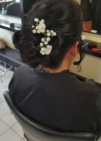C'est un chignon tressé avec des épingles fleur. Les cheveux sont noirs.